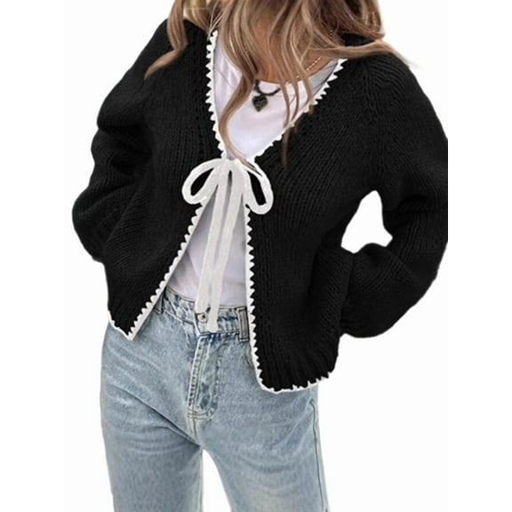 Women'S Tie Front Bow- Cardigan Sweaters Chunky Knit Long Puff Sleeve Trendy Fall Winter Jacket Coats Black XL
