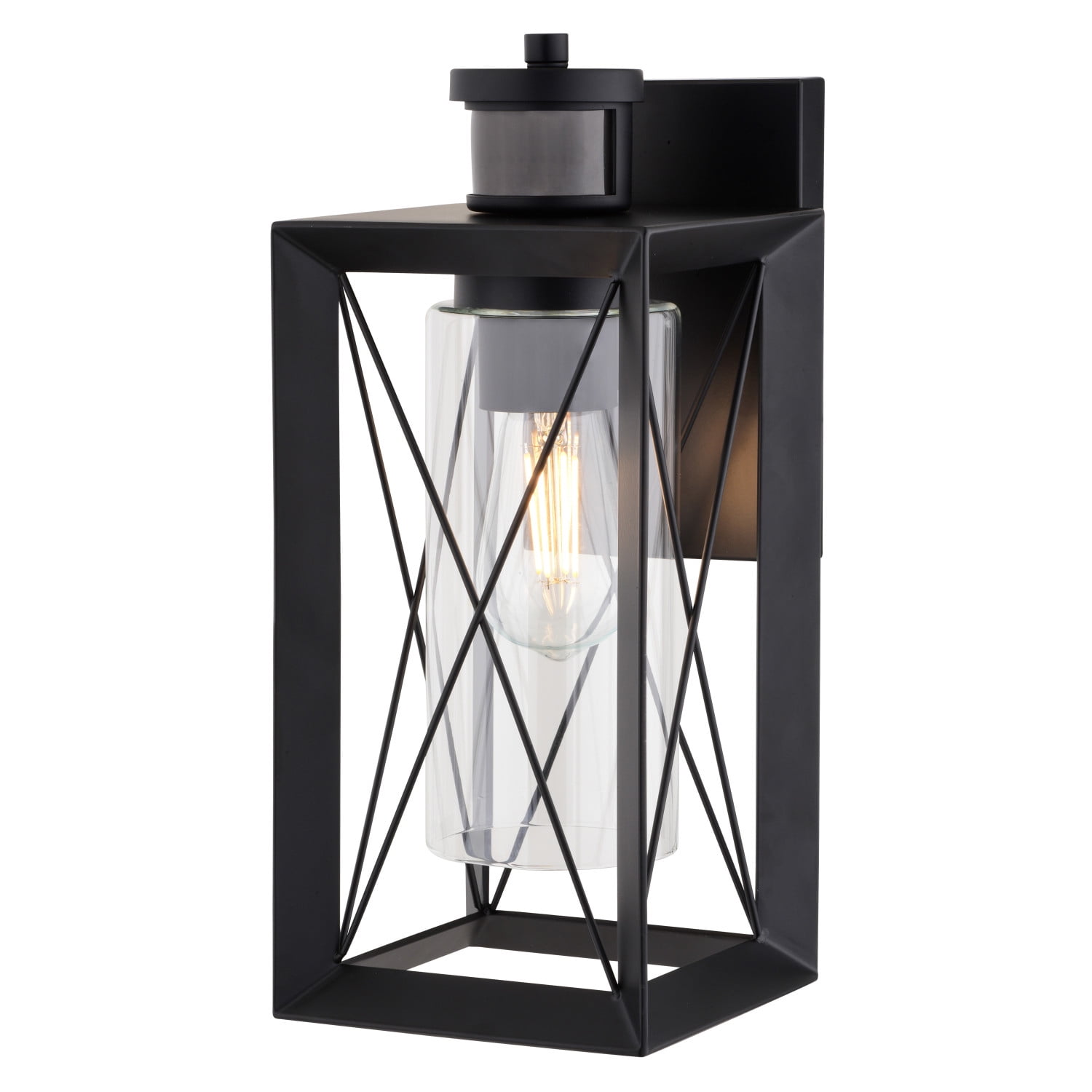 Milton Matte Black Motion Sensor Dusk to Dawn Outdoor Wall Light Transitional Clear Glass