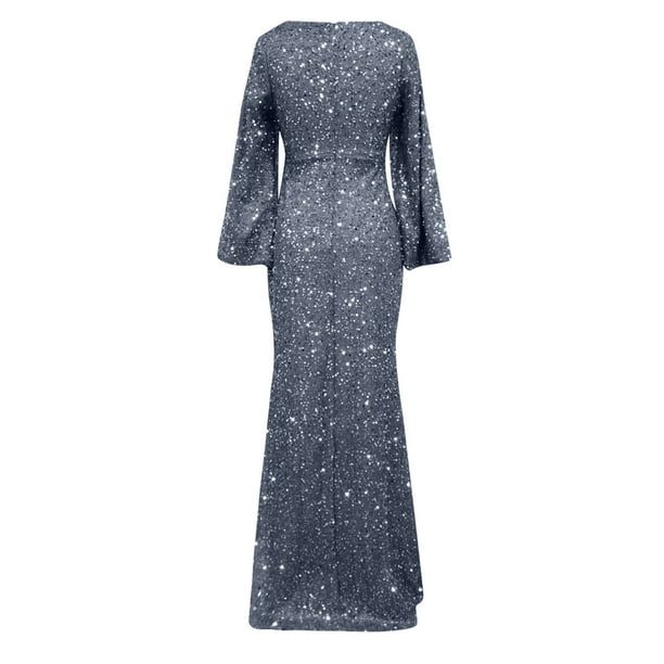 long sleeve silver bodycon dress safuny Women's Maxi Solid Sequins Shiny Trendy Dresses Holiday Scoop Neck Elegant Cocktail Wedding Evening Party XXL formal silver dress