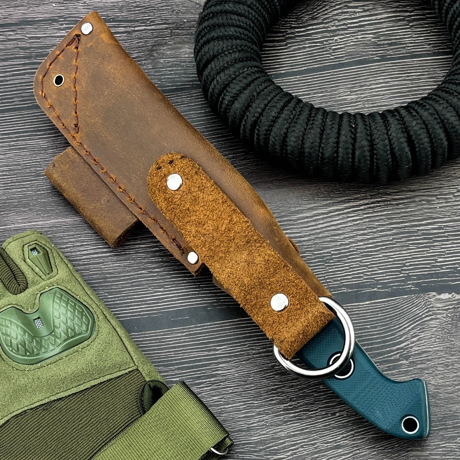 9.06'' Full-Tang D2 Steel Fixed Blade Knife, Teal G10 Handle & Leather Sheath for Camping Hiking