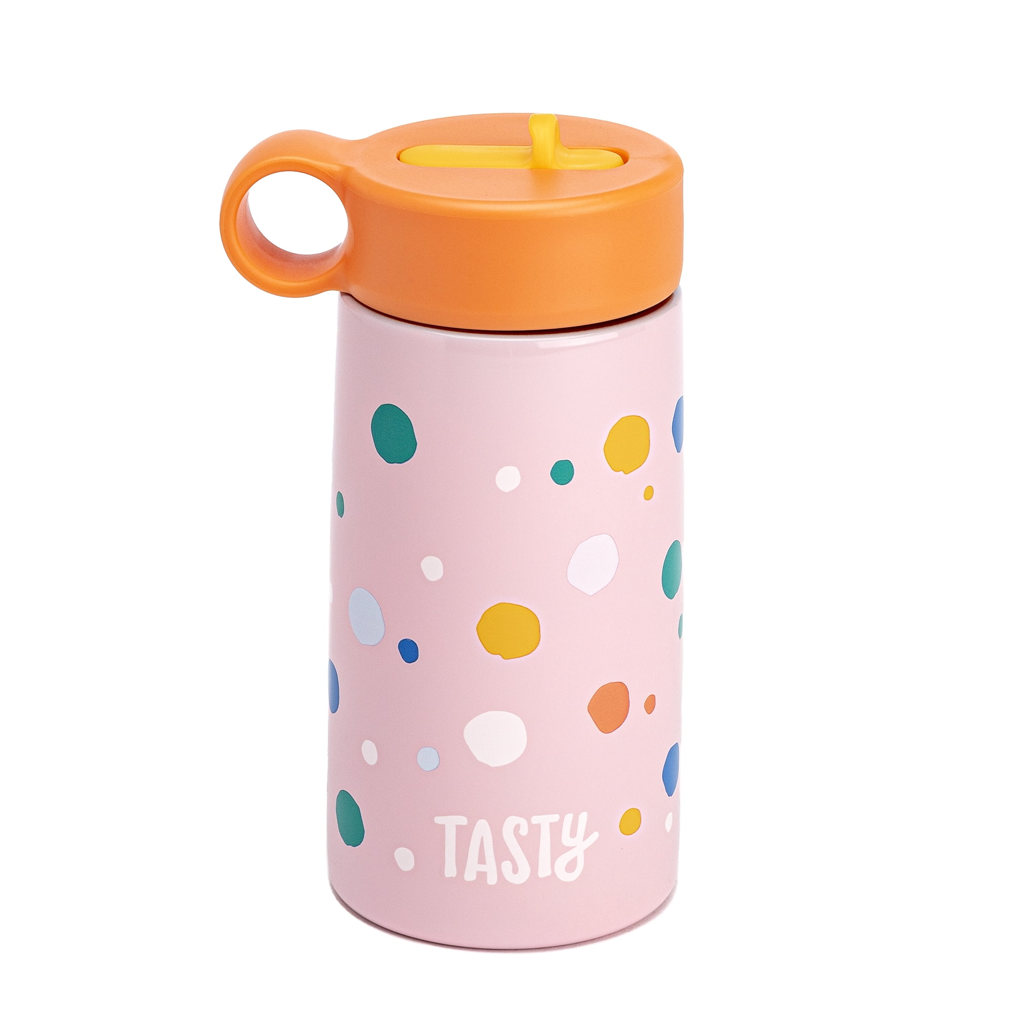 Tasty Kids 2 in 1 Double Wall Stainless Steel Thermos Bottle,14 Ounces,  Pink Polka Dot