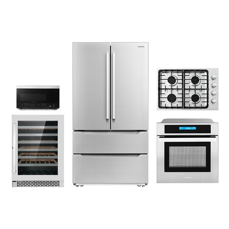 5 Piece Kitchen Package With 30  Gas Cooktop 24  Single Electric Wall Oven 30  Over-the-range Microwave & French Door Refrigerator