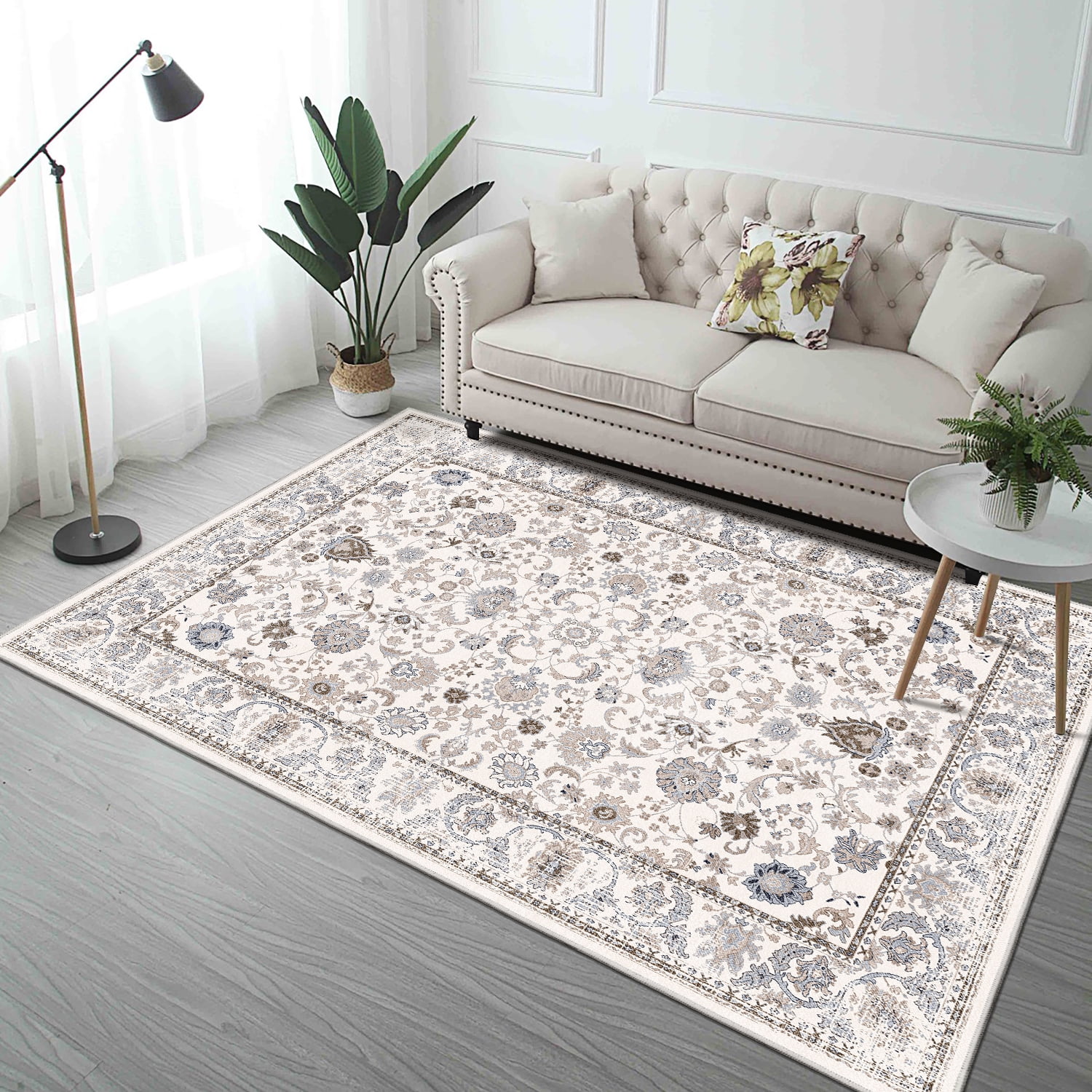 Yoneston 6' x 9' Vintage Bohemia Area Rug Machine Washable Bedroom Rug Soft Non-Slip with Printed Kitchen Mat for Living Room Playroom Dining Room Decoration, Creamy White