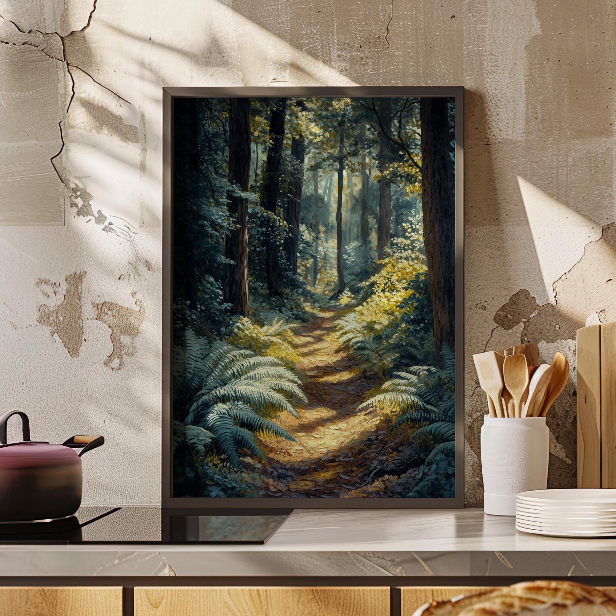 Sun Dappled Forest Path With Ferns Oil Or Nature Pathway Forest Trail Cottagecore Woodland Nursery Poster , Poster Print Only