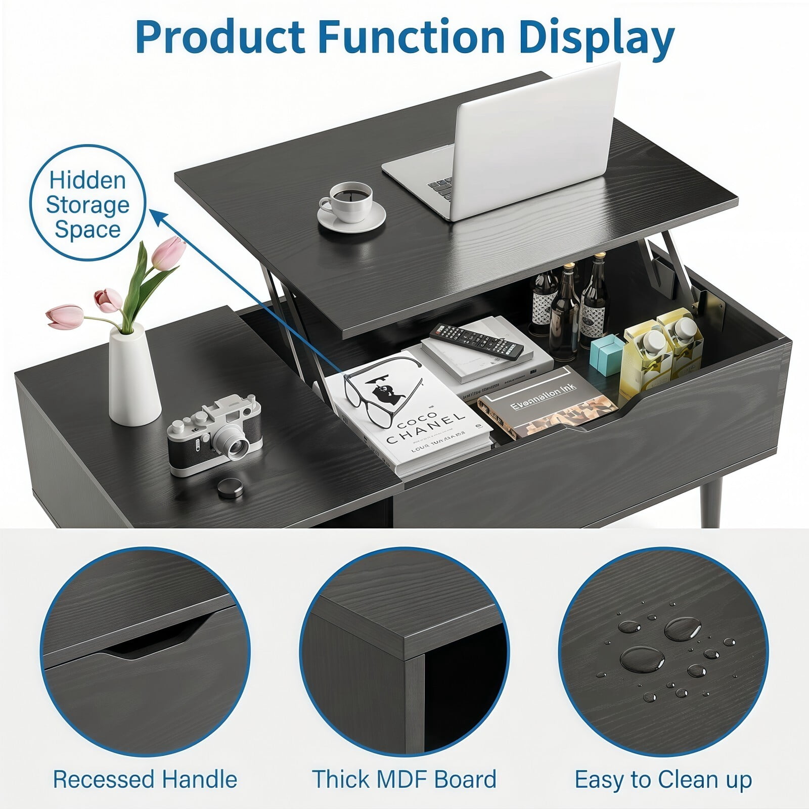 Kelno Lift Top Coffee Table with Hidden Compartment and Storage Shelves Wood Dining Center Table, Black