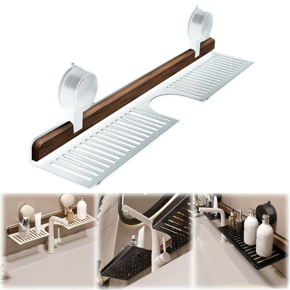 VEFSU Bathroom Kitchen Suction Cup Shelf, Wall Mounted Bathroom Organizers and Storage Rack, Removable Faucet Organizers Wood Storage Rack for Bathroom, Shower Caddy Hanging