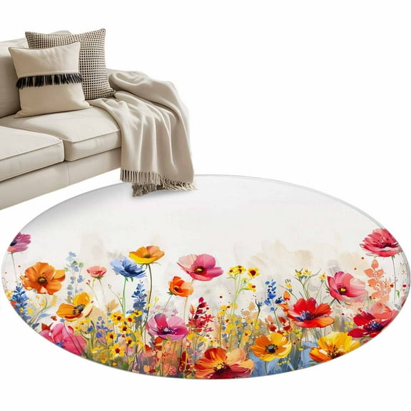 Pastoral Botanical Round Area Rug 3 FT, Small Kitchen Bathroom Mat, Watercolor Spring Summer Flowers Washable Indoor Outdoor Throw Runner Carpet Non-Shedding Doormat for Table Shower Sofa Entryway