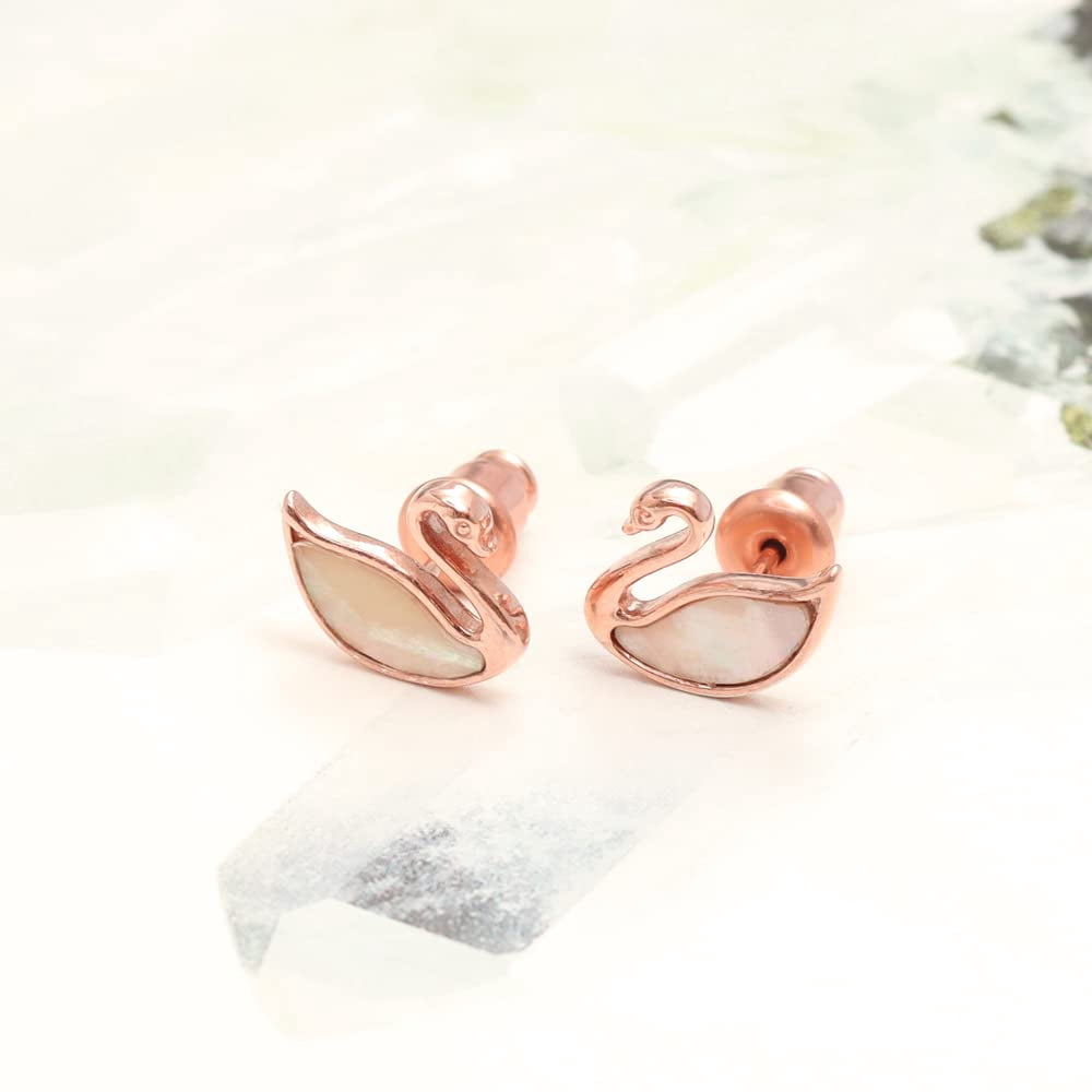 LeCalla 925 Sterling Silver Rose Gold-Plated Mother of Pearl Duck Stud Earrings for Women 10MM