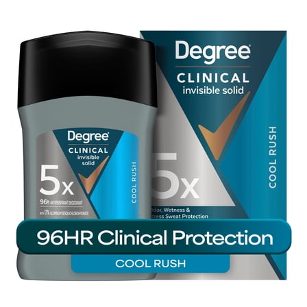 Degree Clinical Strength Antiperspirant Deodorant 96-Hour Sweat and Odor Protection Cool Rush Invisible Solid 5x Types of Sweat, 1.6 oz