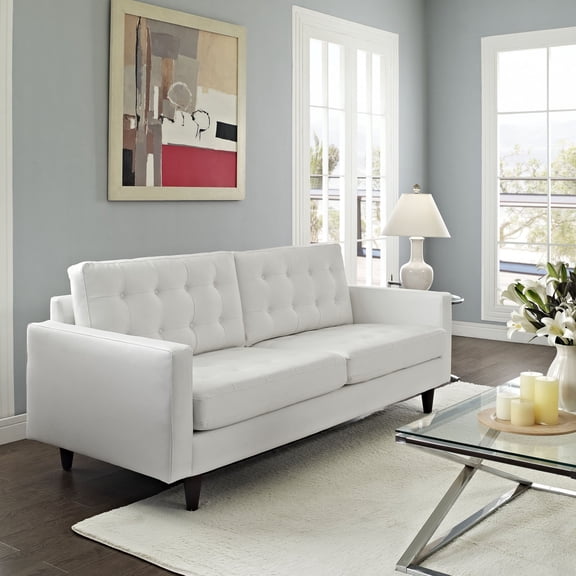 Maklaine Contemporary Bonded Leather Button Tufted Sofa in White