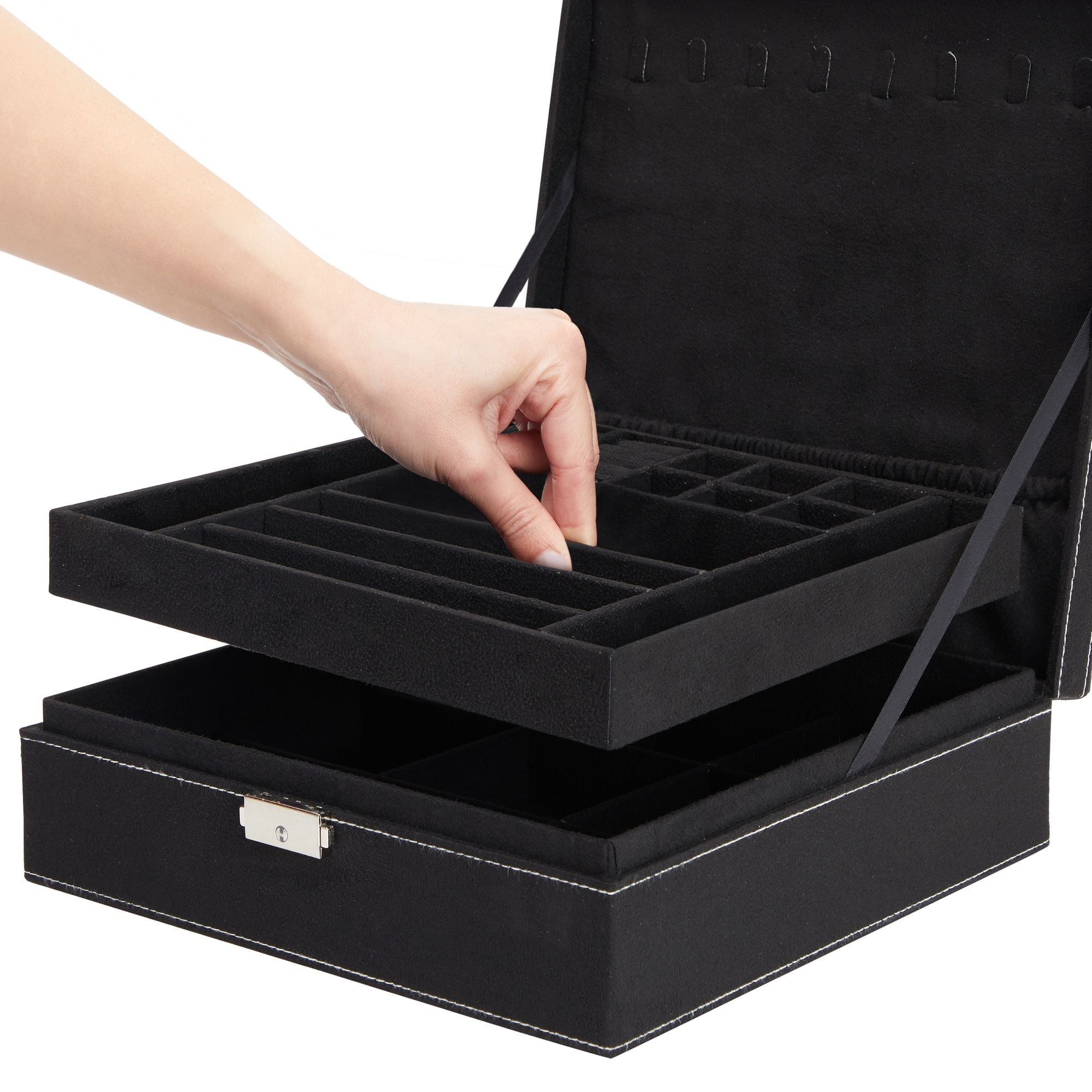 3-Layers Large Jewelry Organizer with Velvet Travel Jewelry Storage Organizer Jewelry Case, Black