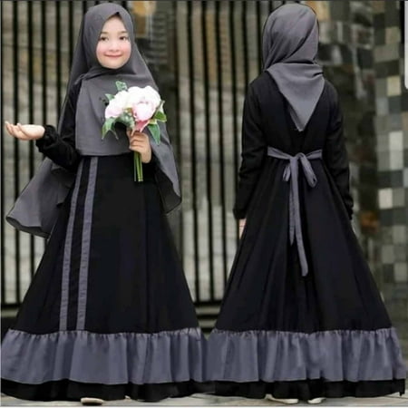 

cllios Muslim Long Dress Girls Long-sleeved Round Neck Patchwork Color Long Dress+Headband Cover Two-piece Set