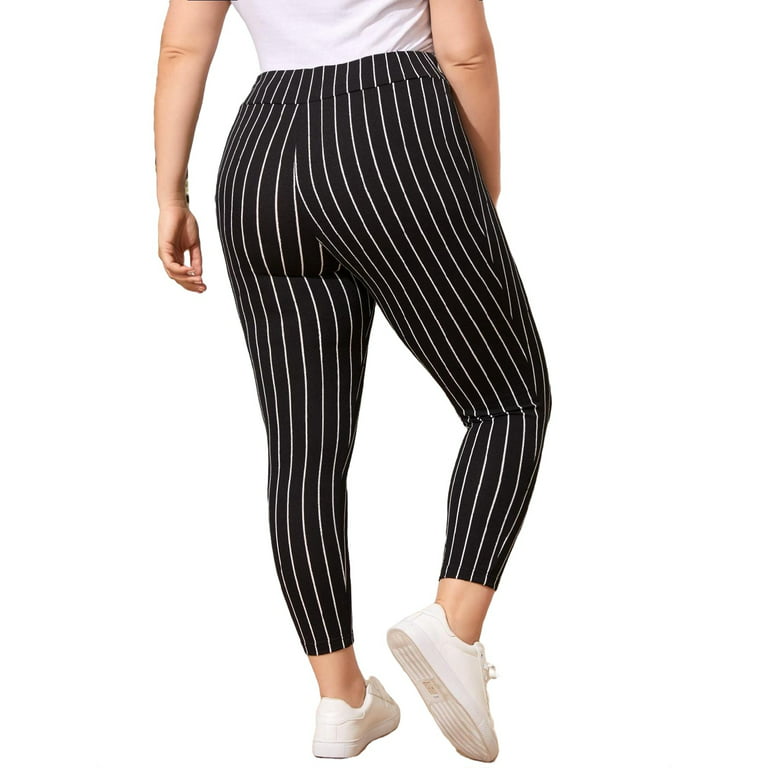 Casual Striped Regular Black Plus Size Leggings (Women's) 
