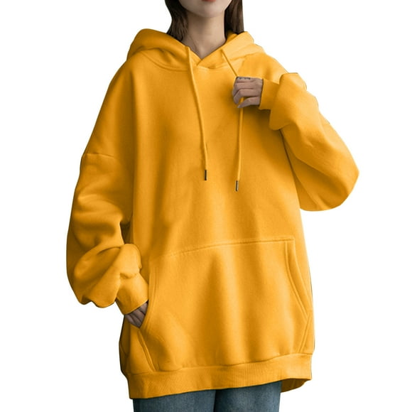 Baberdicy Essentials Hoodie Womens Daily Long Casual Down for Womens Pocket Hooded Sweatshirts Pullover Sleeve Button V Drawstring Hoodies Neck Women's Hoodies Sweatshirts Hoodies for Women Yellow
