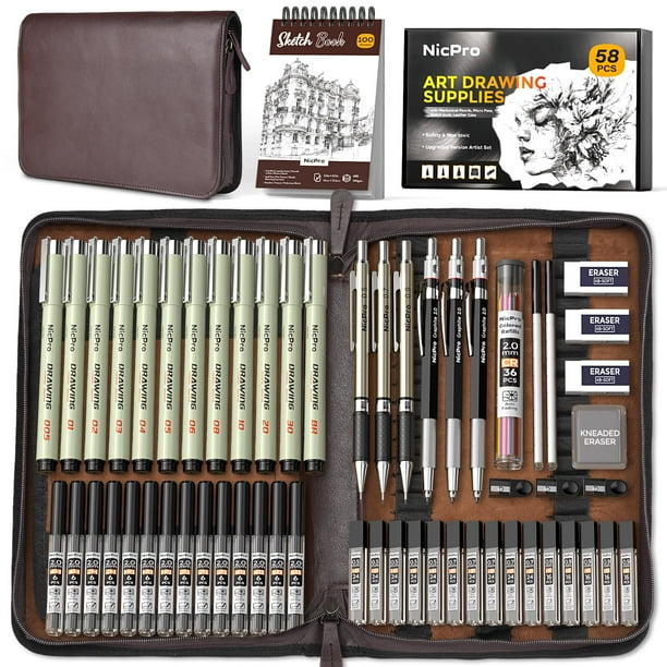 Kit de suministros de dibujo artístico Nicpro, 58 unidades, con funda de piel