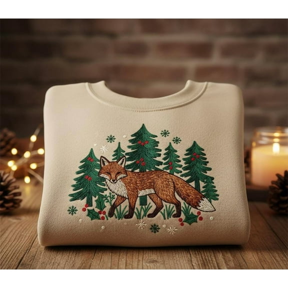Fox Christmas Sweatshirt, Woodland Animal Embroidered Crewneck, Cozy Winter Holiday Pullover Sweater