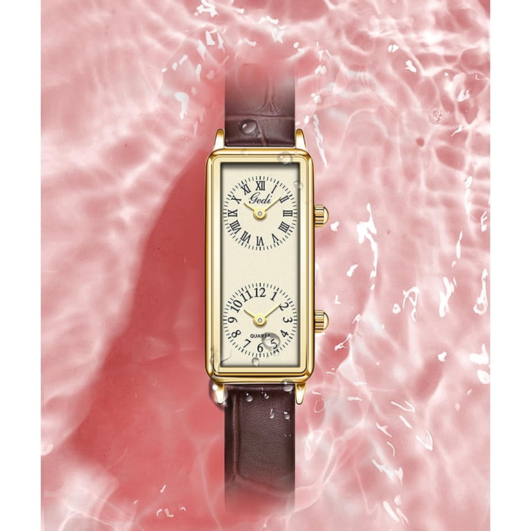 Women's Vintage Rectangle Watch Dual Time Zone Waterproof Ladies