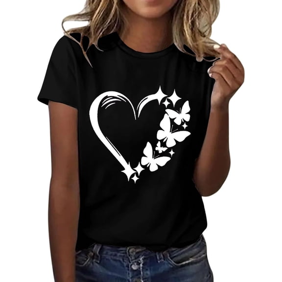 Womens T Shirts Casual Plus Size Graphic Tees Short Sleeve Summer Floral Tops Heart Print Holiday Shirt for Teen Girls