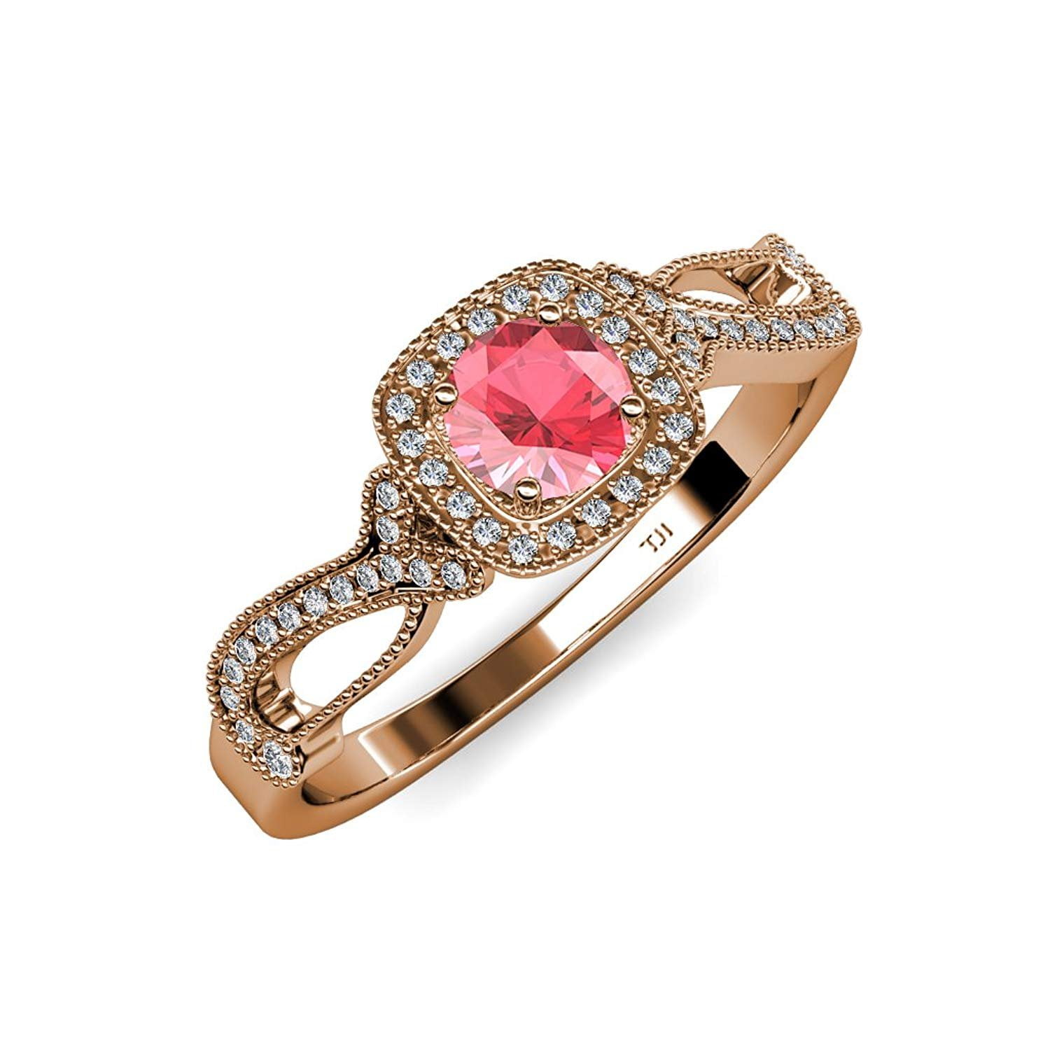 Pink Tourmaline and Diamond Swirl Halo Engagement Ring Milgrain Work 1.25 ct tw in 14K Rose Gold.size 4.5 by TriJewels