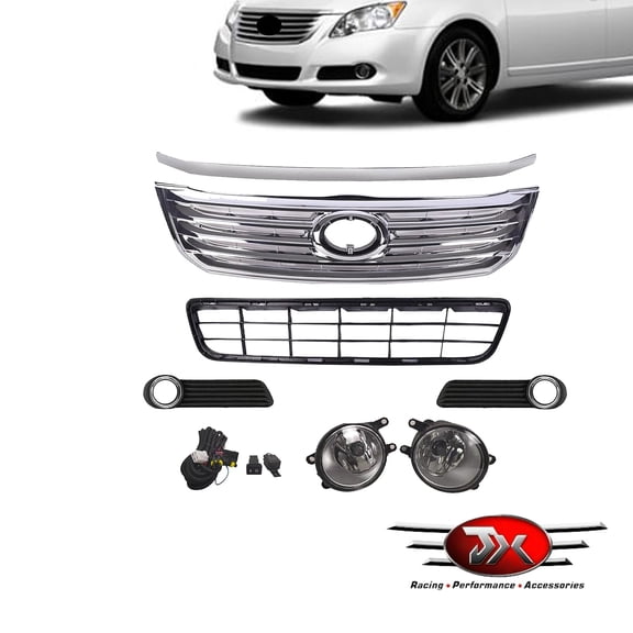 JX RACING Front Upper Bumper Grille Compatible with Toyota Avalon 2008 2009 2010 Bumper Grill Hood Trim W/Fog Lights Lamp Cover Set