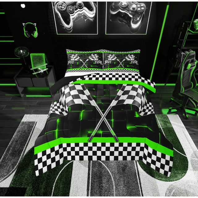 Erosebridal Ensemble de Couette Simple Drapeau de Voiture de Course, Couette Verte, Décor Rectangle 3D, Microfibre 2 Pcs