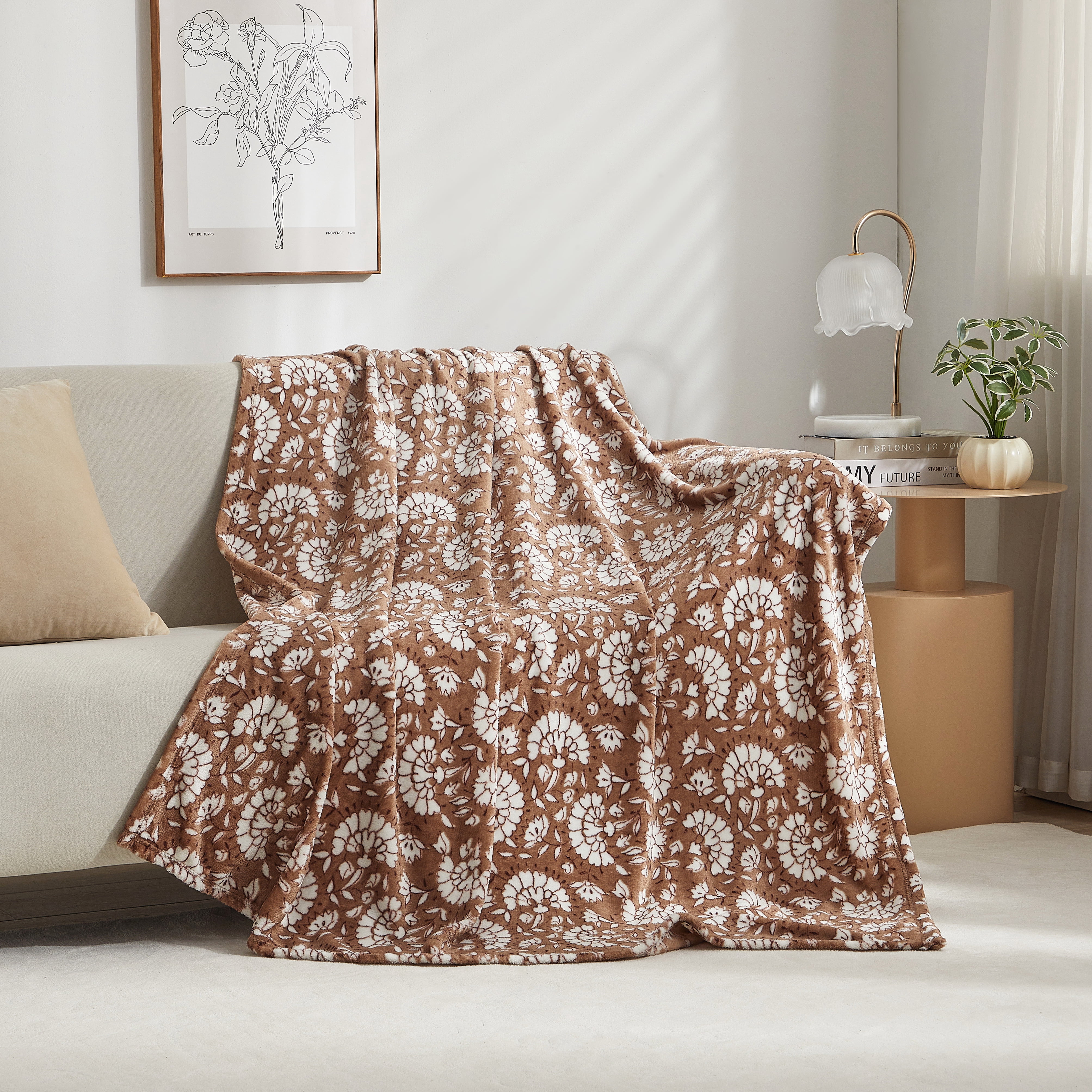 Mainstays Printed Plush Throw Blanket, Jacobean Warm Brownie, 50 x 60 in