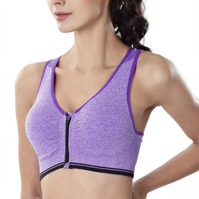 Sports Bra Widened Shoulder Strap Zipper Closure Sweat Absorbing Breast  Support Polyester Front Closure Workout Bra Women Underwear-Purple