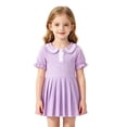thumbnail image 2 of ZHOGXU Toddlers Kids Girls Summer Dress Short Sleeves Peter Pan Collar Solid Color Pleated Fashion Comfortable Dresses For Casual Daily Wear,Purple,3-4 Years, 2 of 8