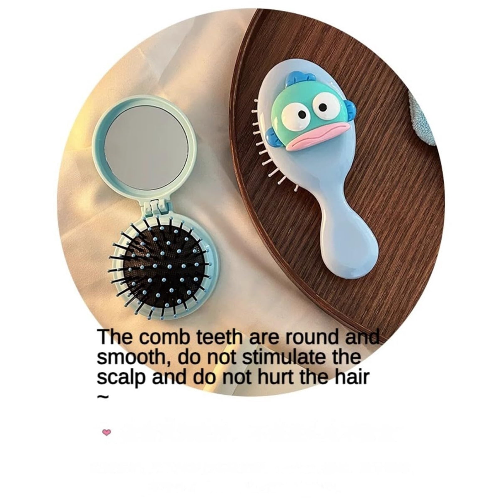 Candy Color Cute Cartoon Air Cushion Comb Set for Adults & Kids Hair - Detangler Brush for Natural, Curly, Straight, Wet or Dry Hair, Foldable Mirror Included (Blue (Fold + Hand))