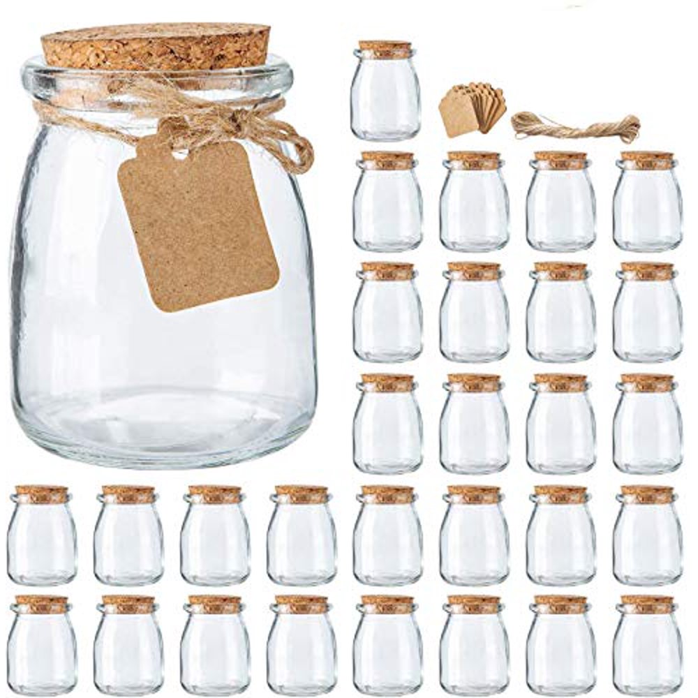 Mini Yogurt Jars 30 Pack, 7 oz Glass Favor Jars with Cork Lids, Glass