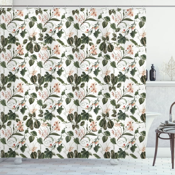 Ambesonne Floral Shower Curtain, Romantic Exotic Botanical, 69"Wx84"L, Evergreen and Pale Peach