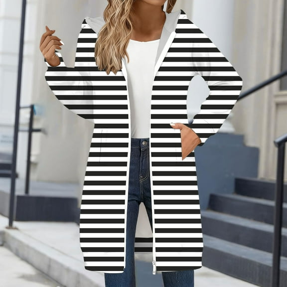 Women's Striped Zip Up Hoodie, Longline Fleece Jacket with Full-Length Zipper, Lightweight Mid-Length Hooded Sweatshirt, Soft Casual Wear for Fall and Winter Black L