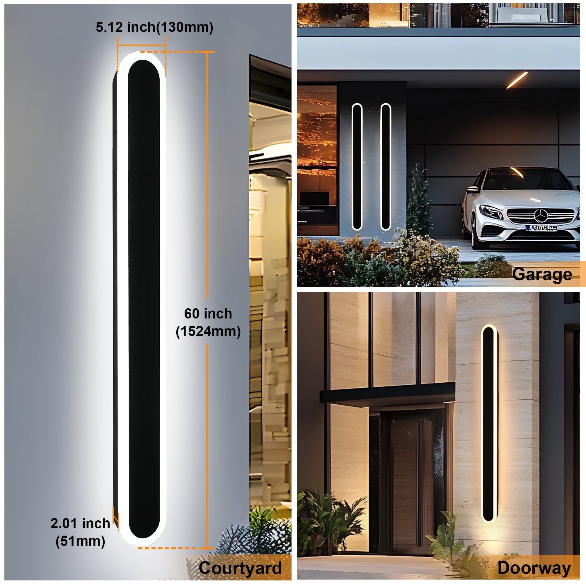 Melucee 2 Pack 60inch Long Oval Outdoor Modern LED Wall Light, 3000K-6000K Dimmable Outdoor Wall Sconces Waterproof Wall Mount Lighting Fixture Rectangular Black Wall Lights for Porch Garage