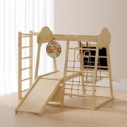 Kidsbuddy 9-in-1 Indoor Jungle Gym, Indoor Playground for Kids, Gym Equipment, Wooden Climber Set with Swing, Slide, Monkey Bars,Climbing Neting&Ladder, Dart Board(Car Pattern With Side Ladder)