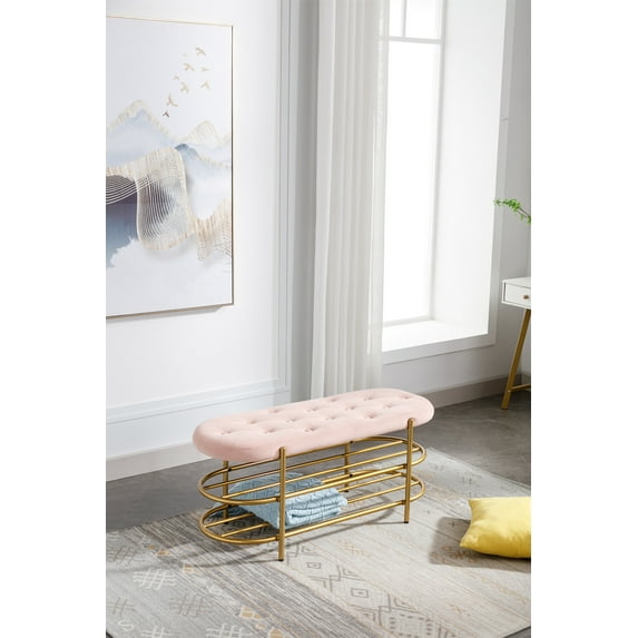 Storage Bench Entryway Bench with 2 Shelves, Modern Shoe Rack Bench with Metal Base, Soft Ottoman Bed End Stool with Padded Seat for Hallway Living Room, Pink