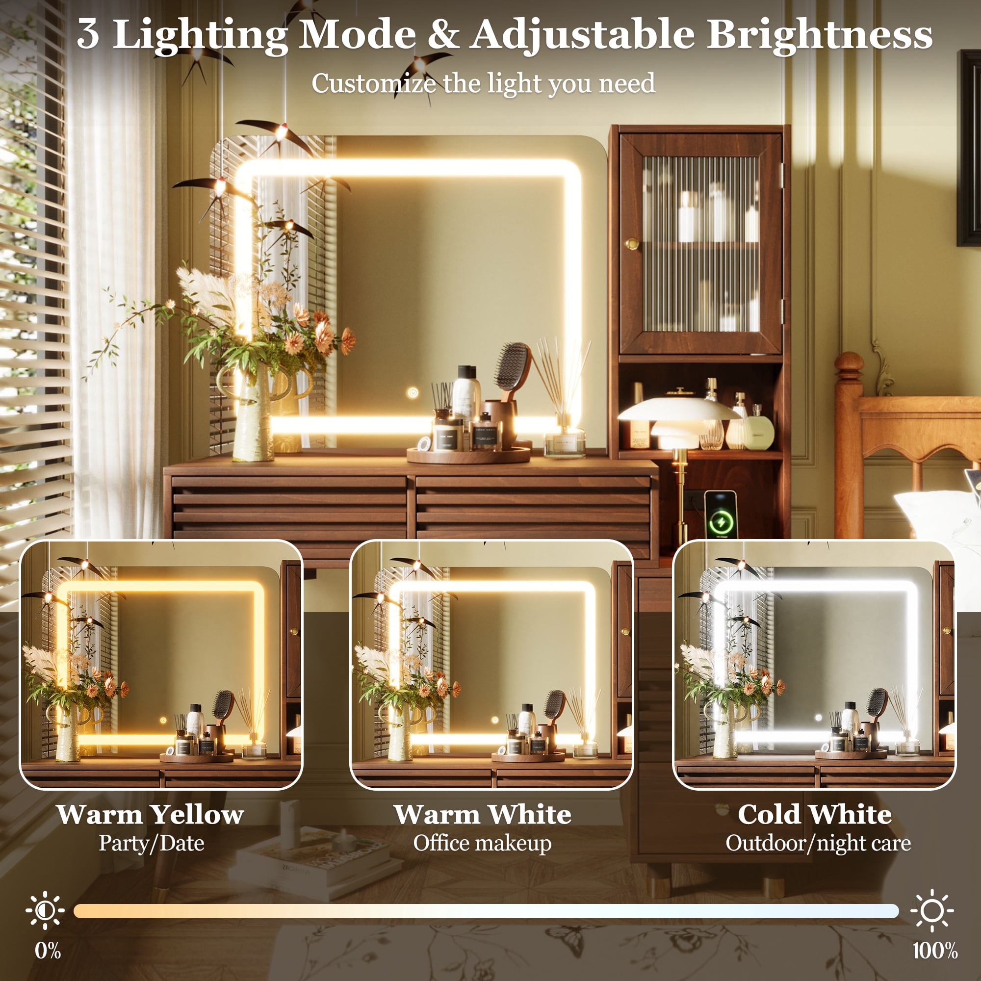 GARITIN Makeup Vanity Desk 45.9 Inch, Dressing Table with Mirror and LED Lights, 5 Drawers and Fluted Glass Storage Cabinet with Power Outlet, Espresso