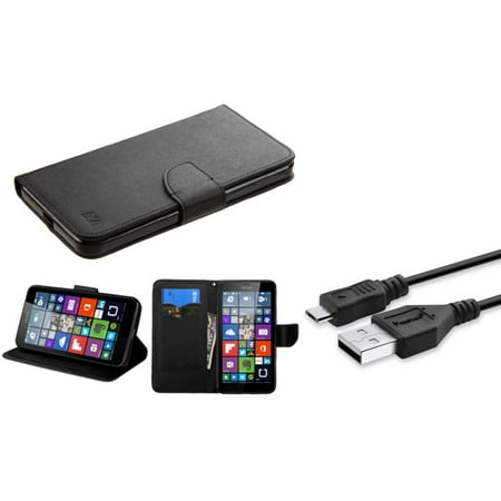 Insten Flip Leather Wallet Cover Case with card slot For Microsoft Lumia 640 XL - Black (Bundle with USB Charging