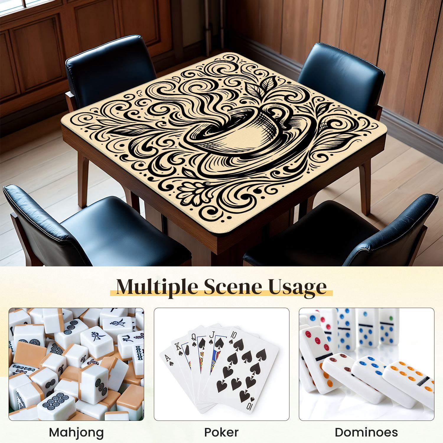 Mahjong Mat 31.5" x 31.5" Vintage Coffee Cup Steaming Swirls Floral Non-Slip Noise Reduction Mahjong Tiles Table Cover for Dominoes Poker Card Board and Tile Games