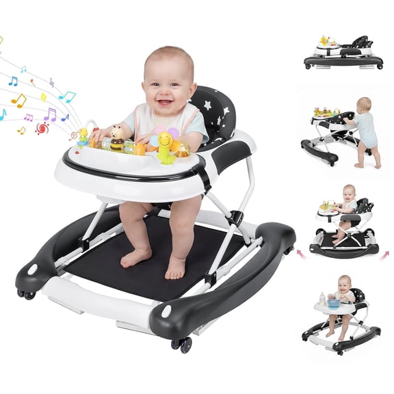 PRVAETU 5 in 1 Baby Walker (Walk,Jumper,Rocking,Push,Eating Mode) for Boys Girls,Foldable,Music & Light,Height Adjustable,Wheel for Infant Babies,Blackstar