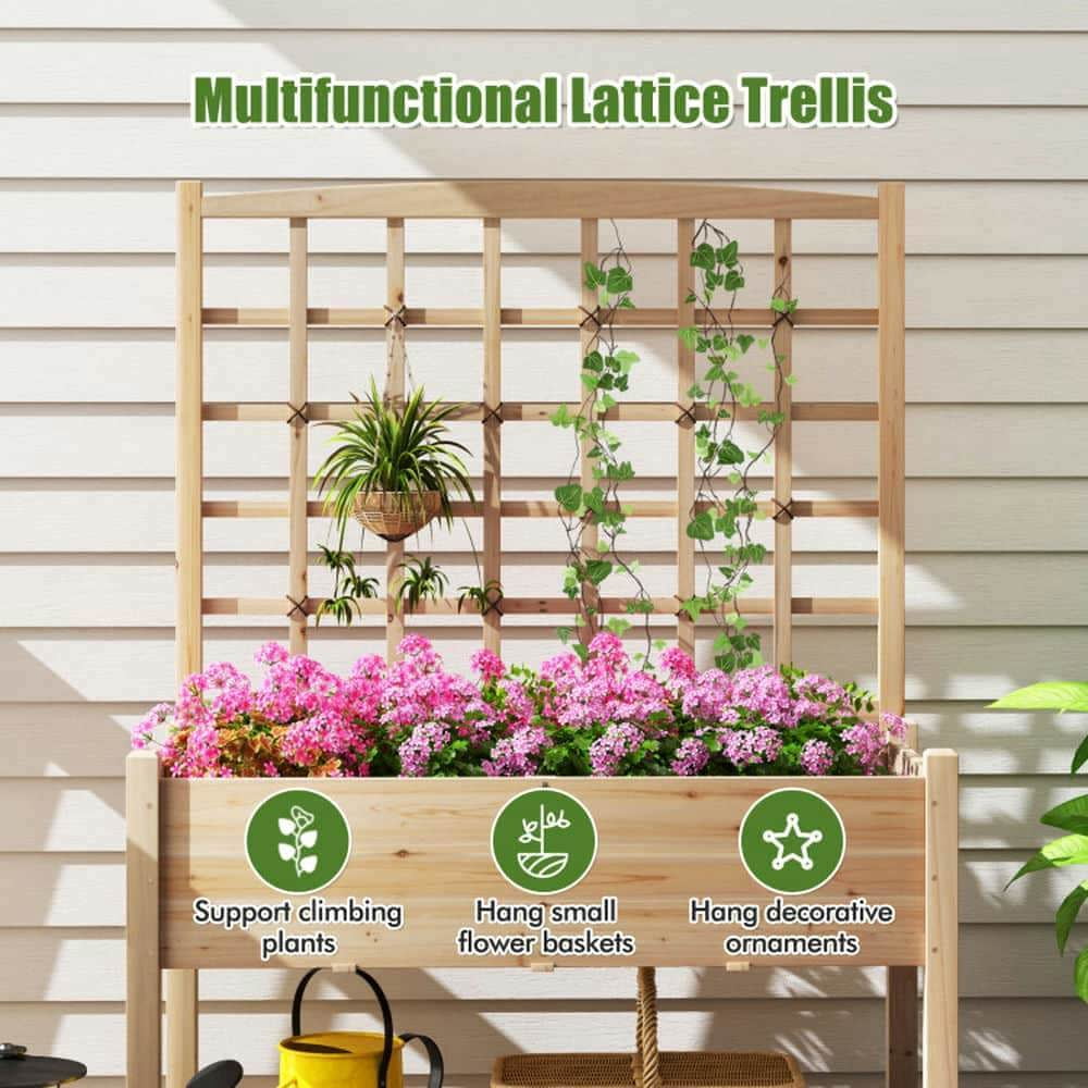 Yardi Yarda Raised Garden Bed with Lattice Trellis and Drainage Holes Elevated, Garden Bed for Outdoor as Yard, Natural