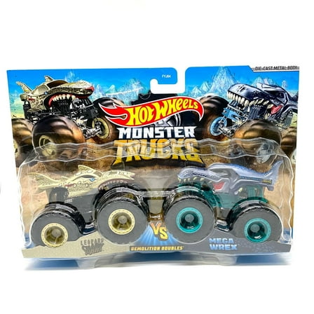 Hot Wheels Monster Trucks Mega-Wrex vs Leopard Shark Demolition Doubles 1:64 Scale Monster Trucks 2-Pack