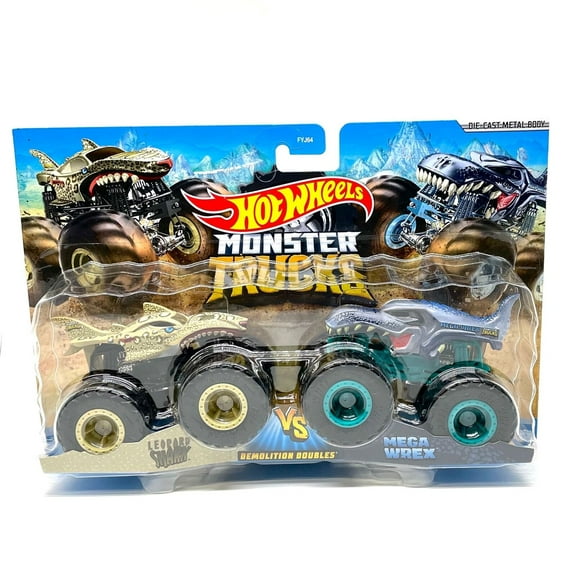 Hot Wheels Monster Trucks Mega-Wrex vs Leopard Shark Demolition Doubles 1:64 Scale Monster Trucks 2-Pack