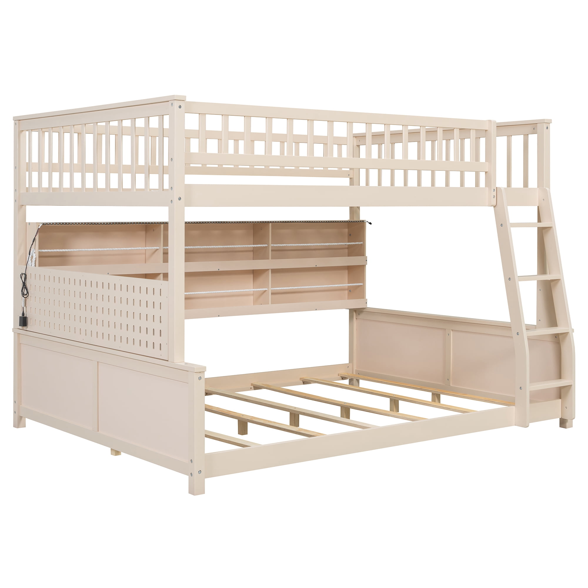 Full XL Over Queen Bunk Bed, Wood Bunk Bed with Integrated Shelving, Color-Changing Lights and Pegboard for Kids Teens Adults, Space Saving Design