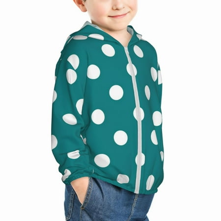 

Uemuo White Polka Dots With Teal Background Pattern Rash Guard for Boys Girls Long Sleeve Swim Shirts UPF 50+ UV Sun Protection Hooded Fishing Shirt with Pocket for Kid-4 Years