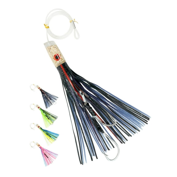 BLUEWING 12in Big Game Trolling Lure with Double Rigged Hookset and 300lb High Strength Fishing Line Saltwater Fishing Lures for Wahoo Tuna Marlin Mahi Mahi Black/Purple