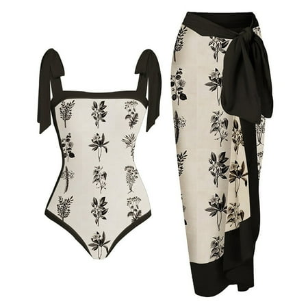 B91xZ Swimsuit Women One Piece Women Vintage Colorblock Abstract Floral Print 1 Piece Swimwear+1 Piece Cover UP Two Piece Vintage Bikini Tee Shirt Beige 3XL