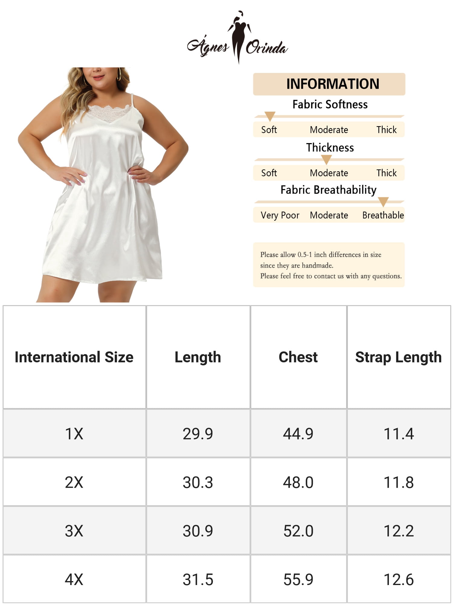 Unique Bargains Women's Plus Size Spaghetti Strap Adjustable Lace Nightdress Nightgowns 1X White