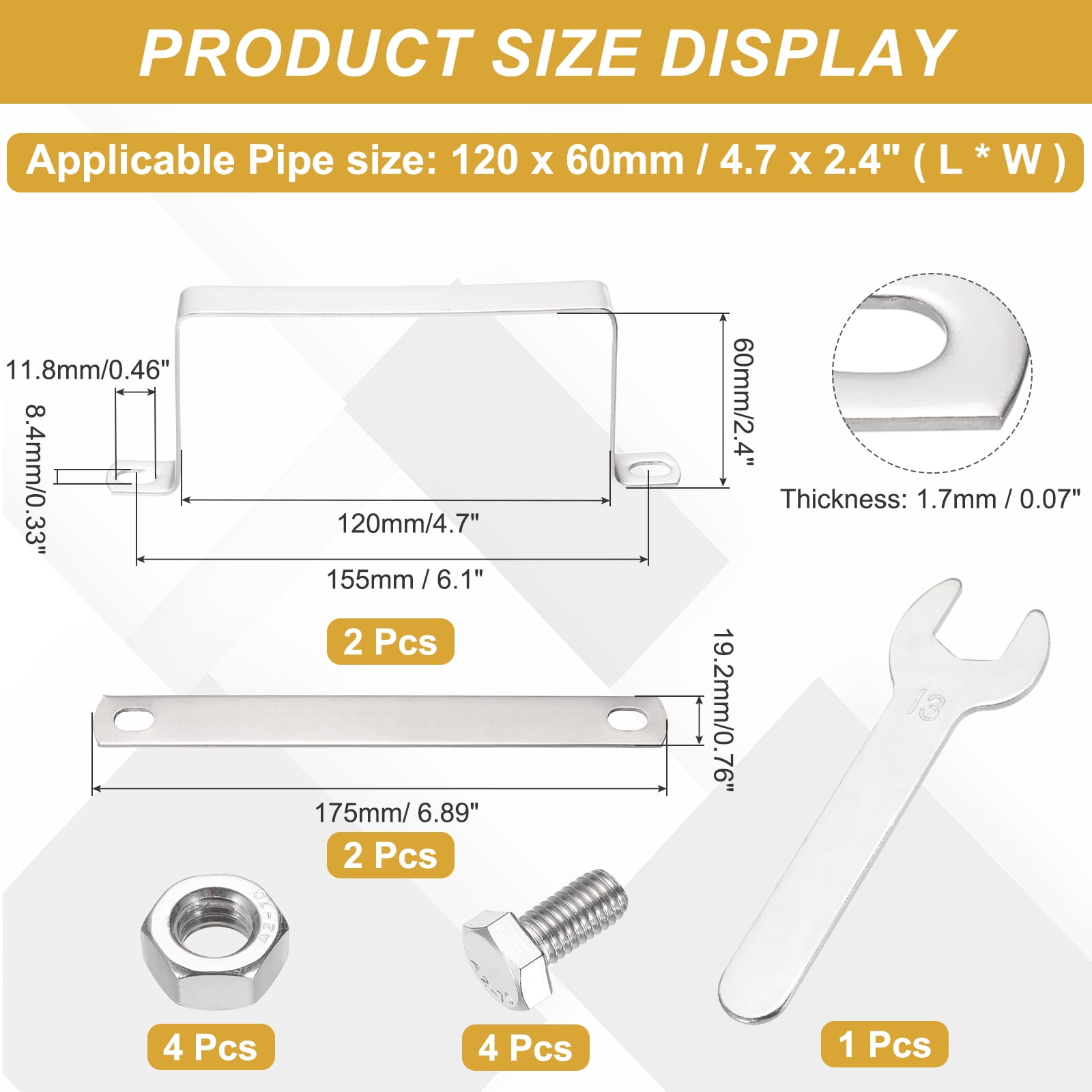 Uxcell 2Pcs U Shape Square Tube Clamp, 120x60mm U Shaped Bracket 304 Stainless Steel Square Strap Clamp with Bolt Plate Nuts and Wrench for Pipes Door Closed Bar Holder Railings