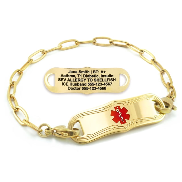 MedicEngraved Yellow Gold Stainless Steel Custom Medical Alert Bracelet - 4mm Paperclip Link