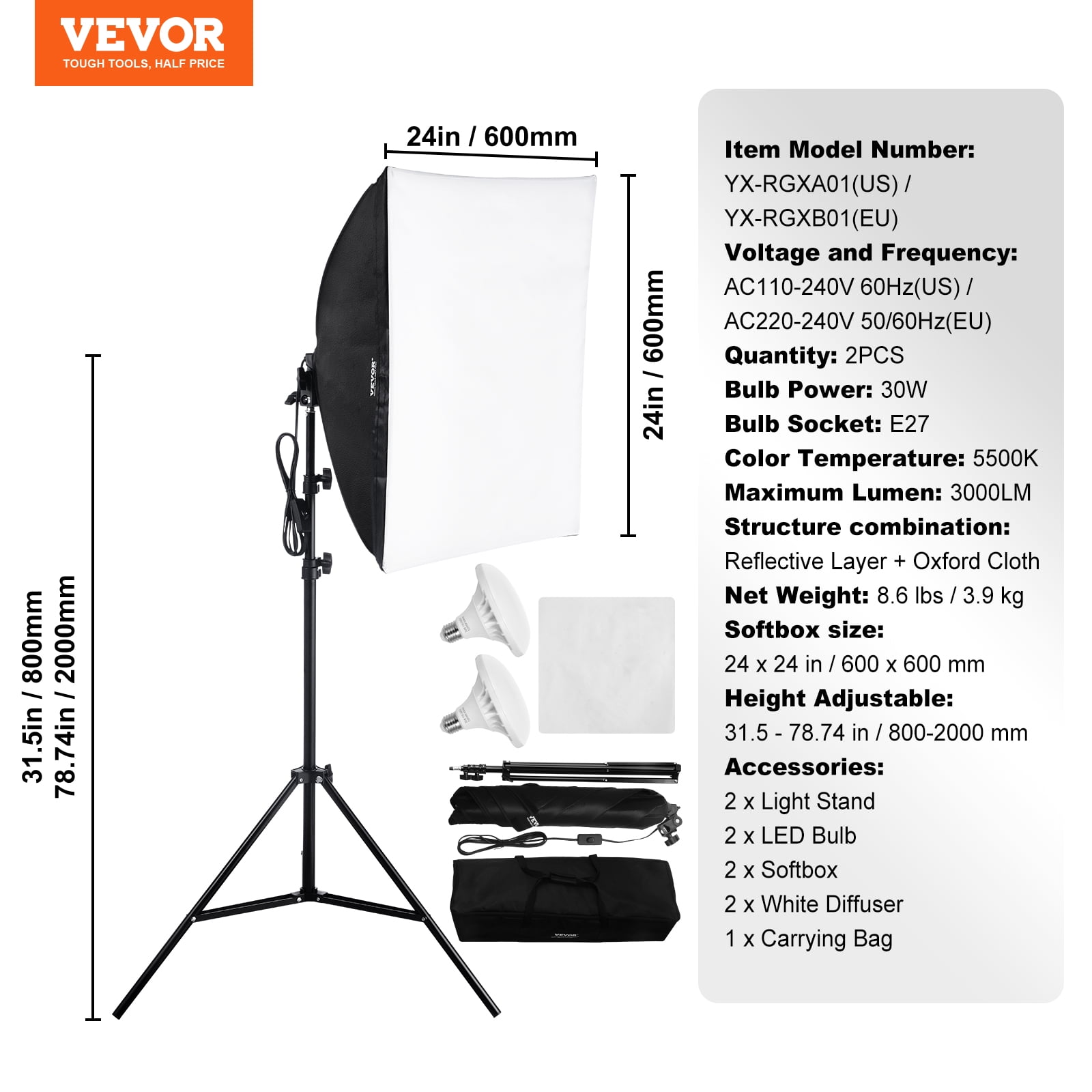 VEVOR Softbox Lighting Kit, 24" x 24", Professional Softbox with 30W 5500K LED Bulbs, Close to Natural Daylight,Adjustable Tripod Stand, Studio Lights for Photography,Vedio Recording, Live Streaming